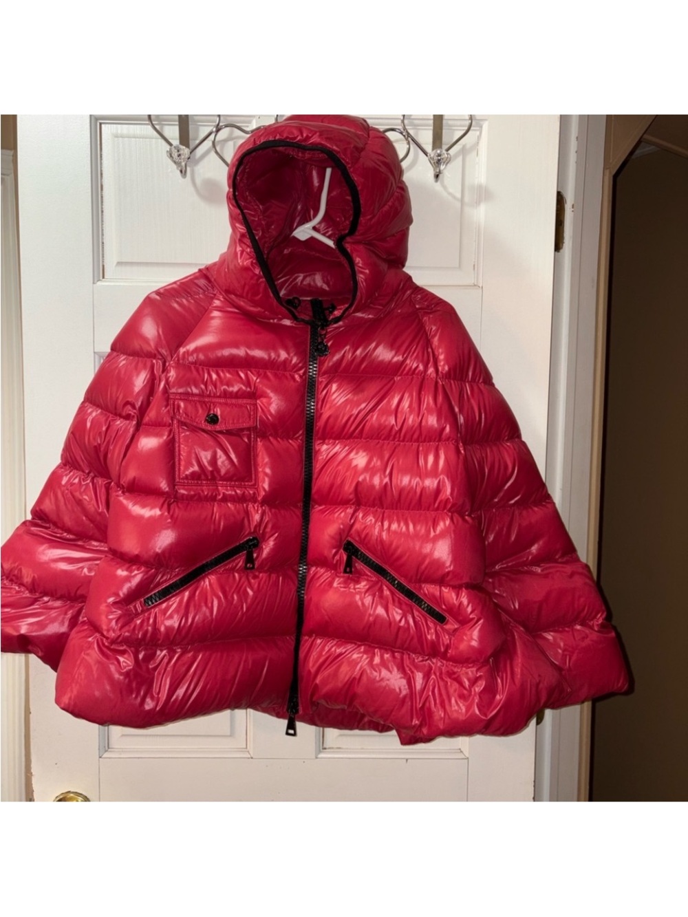 Moncler Glossy Red Hooded Puffer Cape Jacket - Women
